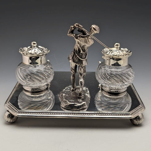 British Vintage Silver Plated Golf Design Pen Stand & Inkwell Pair